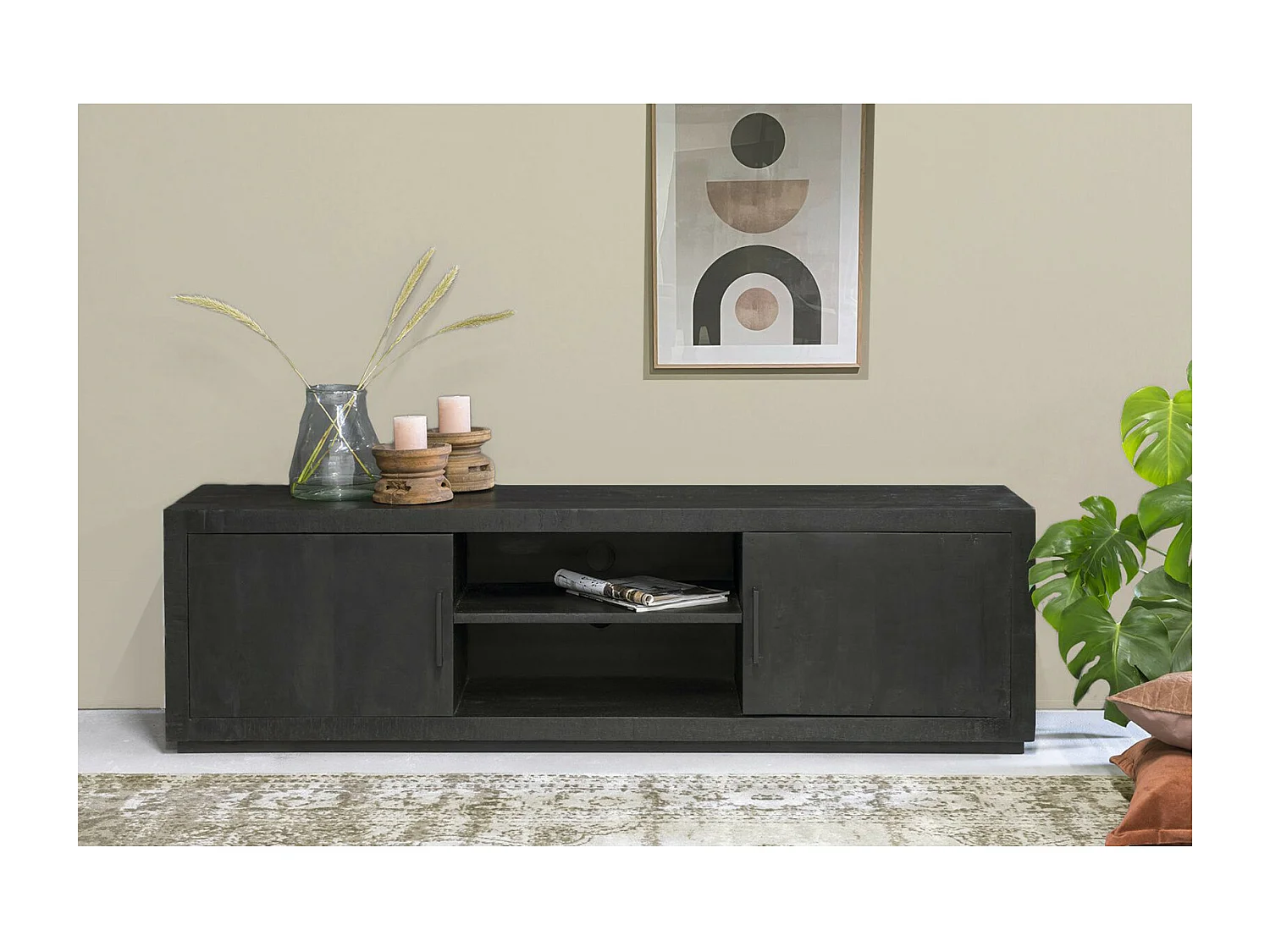 ANDUZ-Mueble de TV de 180 cm en madera maciza negra