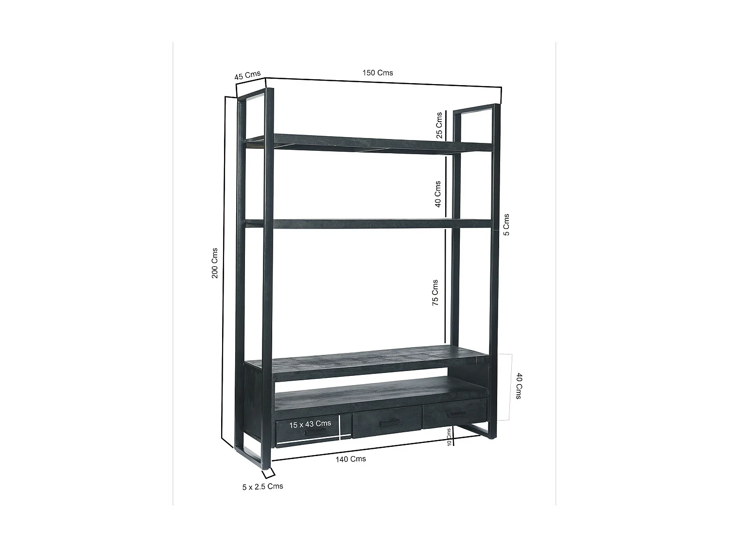 LUZ-Mueble de TV 150 cm en madera maciza negra y metal.