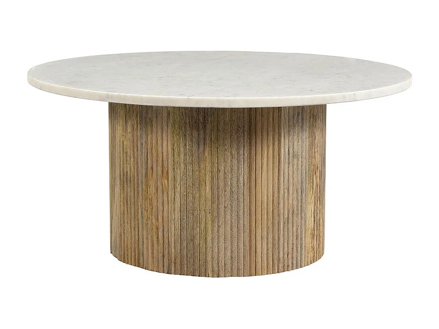 MARBELLA-Table basse ronde 70 cm en marbre blanc et bois massif