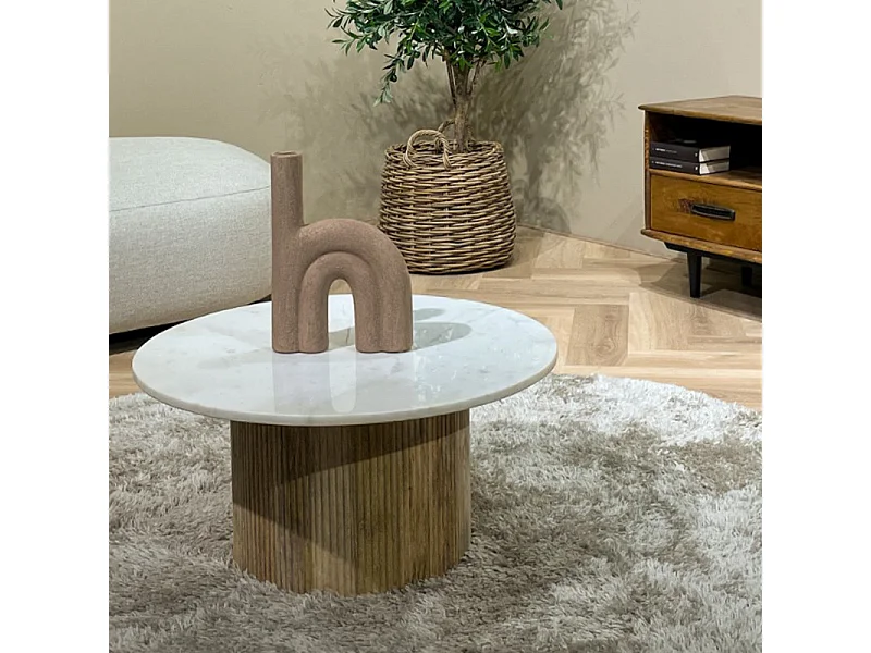 MARBELLA-Table basse ronde 70 cm en marbre blanc et bois massif