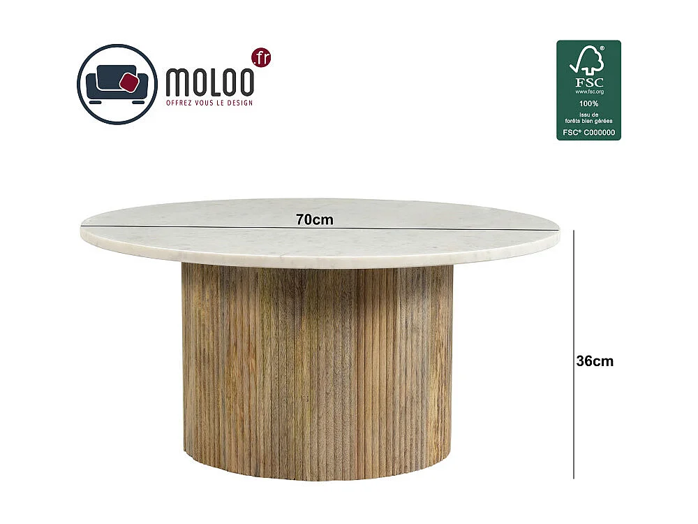MARBELLA-Table basse ronde 70 cm en marbre blanc et bois massif