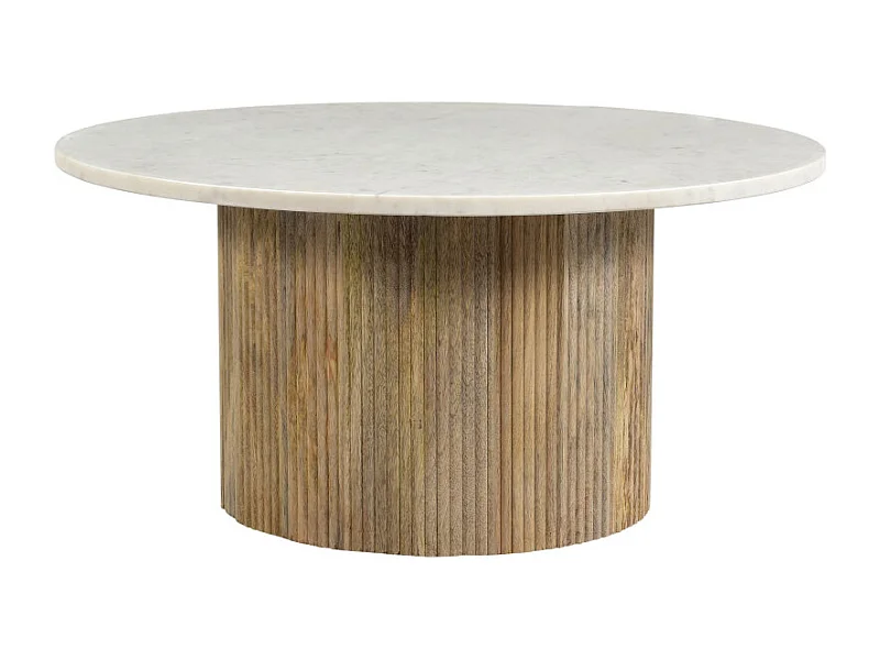 MARBELLA-Table basse ronde 70 cm en marbre blanc et bois massif