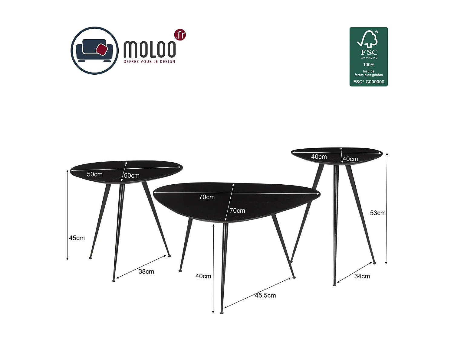 LOUANE-Juego de 3 mesas de centro de madera maciza negra