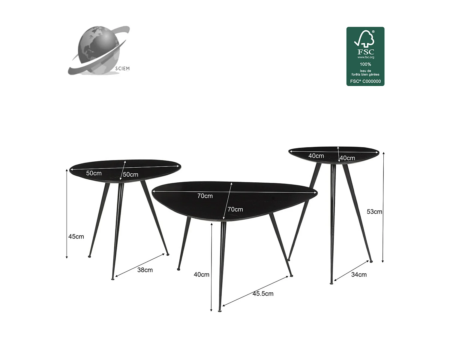 LOUANE-Juego de 3 mesas de centro de madera maciza negra