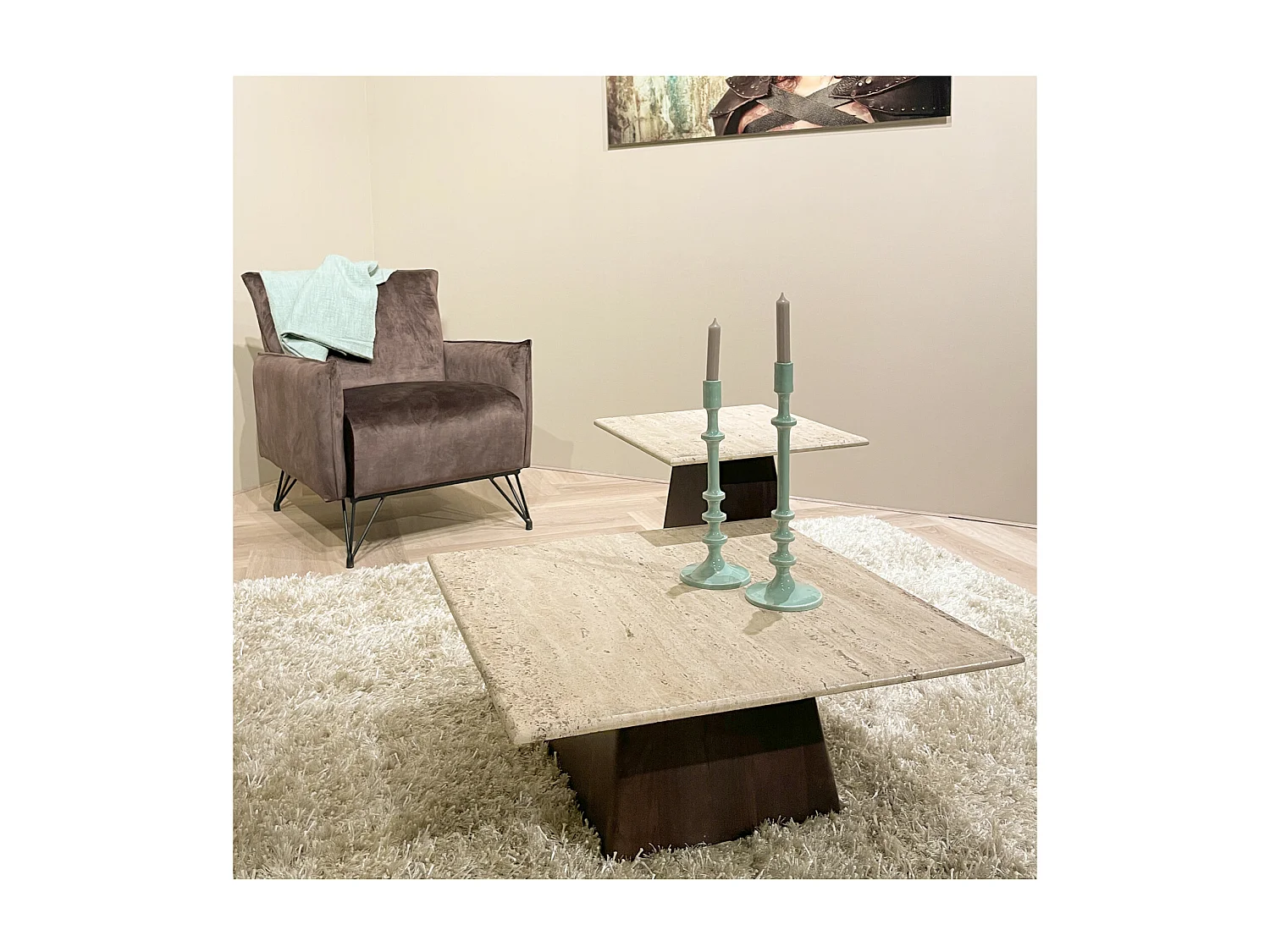 STONE-Table basse carrée 45x45 cm en Travertin et bois brun