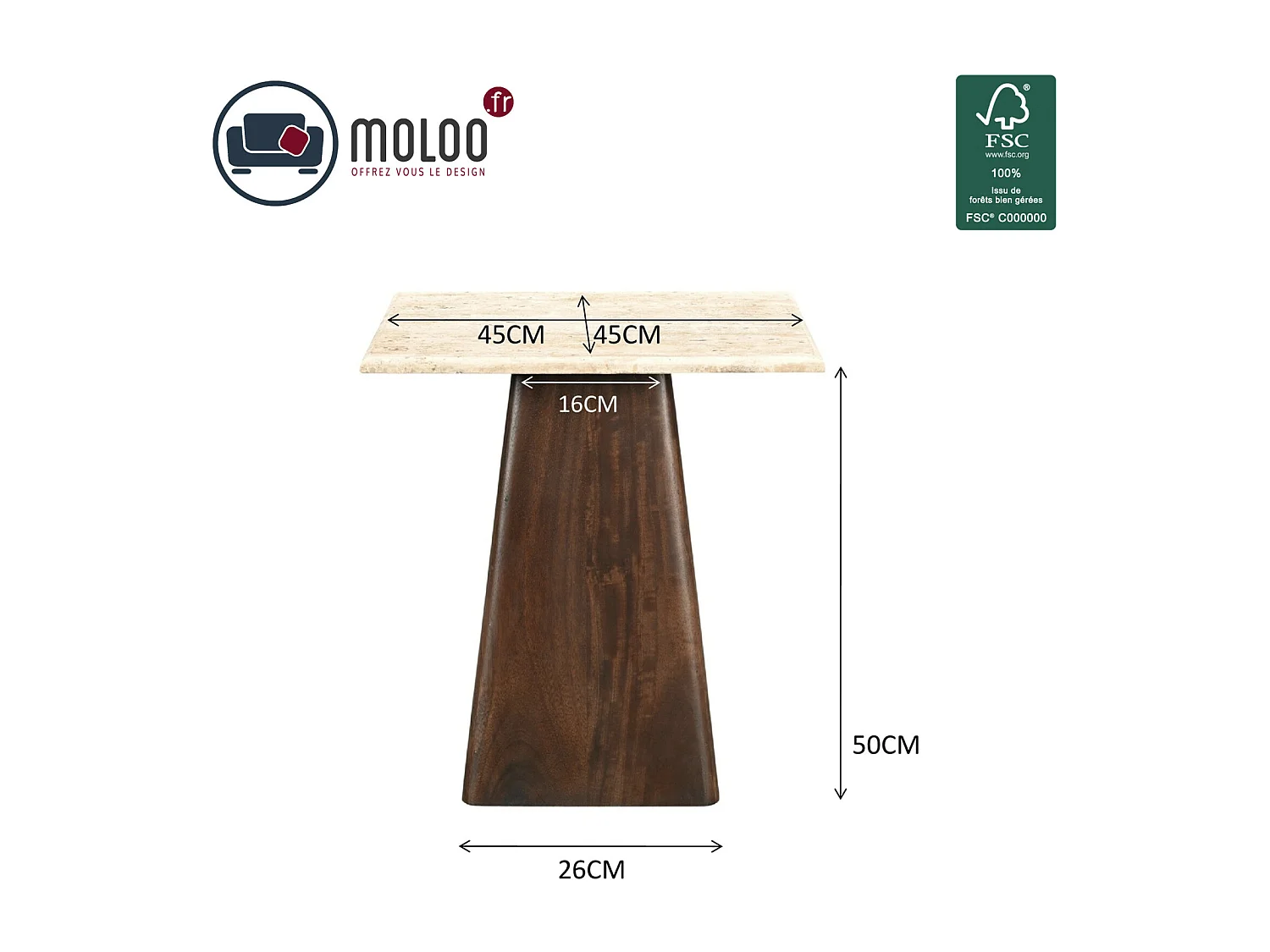 STONE-Table basse carrée 45x45 cm en Travertin et bois brun