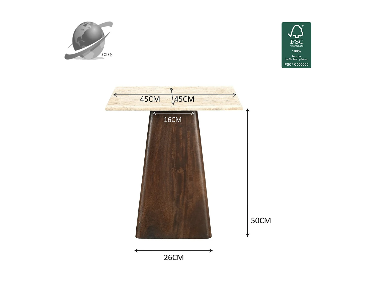 STONE-Table basse carrée 45x45 cm en Travertin et bois brun