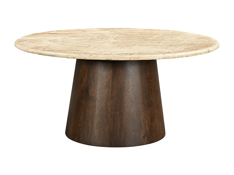 STONE-Mesa de centro redonda D75 cm en travertino y madera