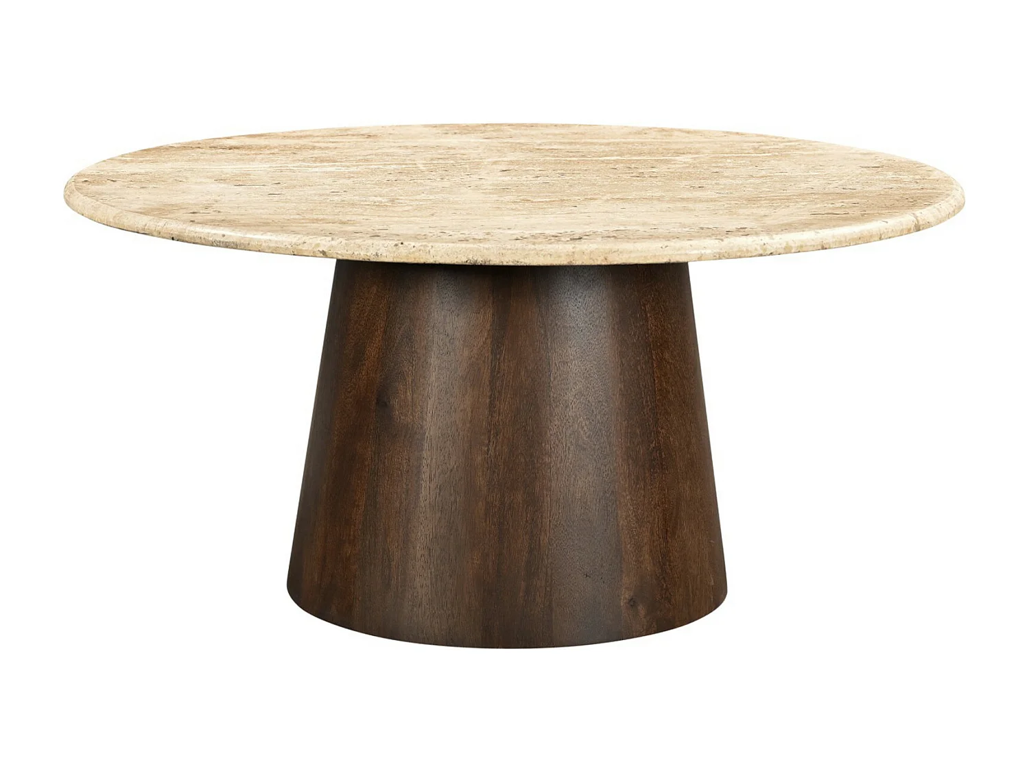 STONE-Mesa de centro redonda D75 cm en travertino y madera