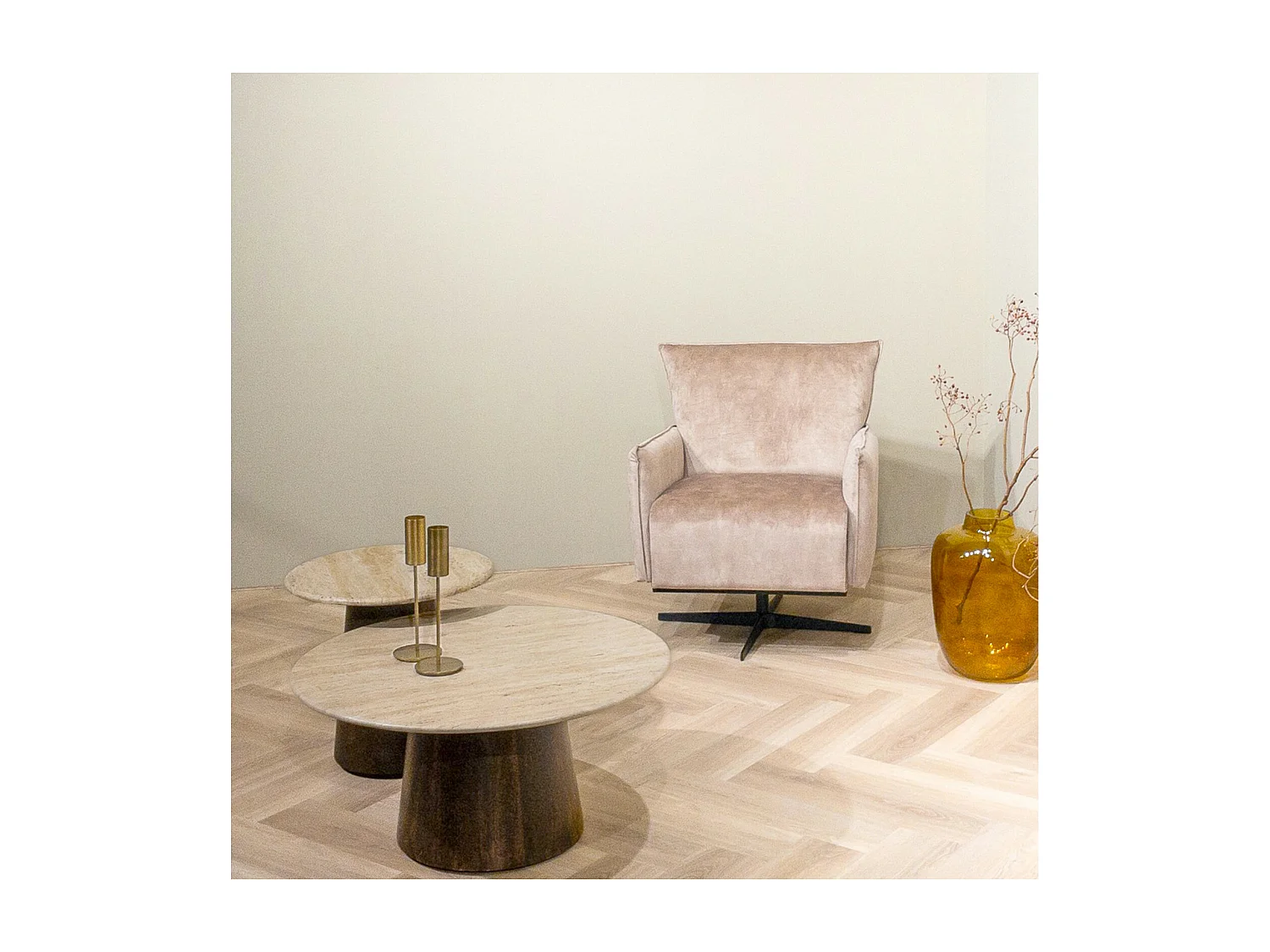 STONE-Mesa de centro redonda D75 cm en travertino y madera