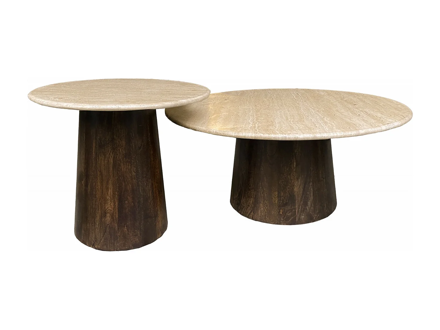 STONE-Mesa de centro redonda D75 cm en travertino y madera