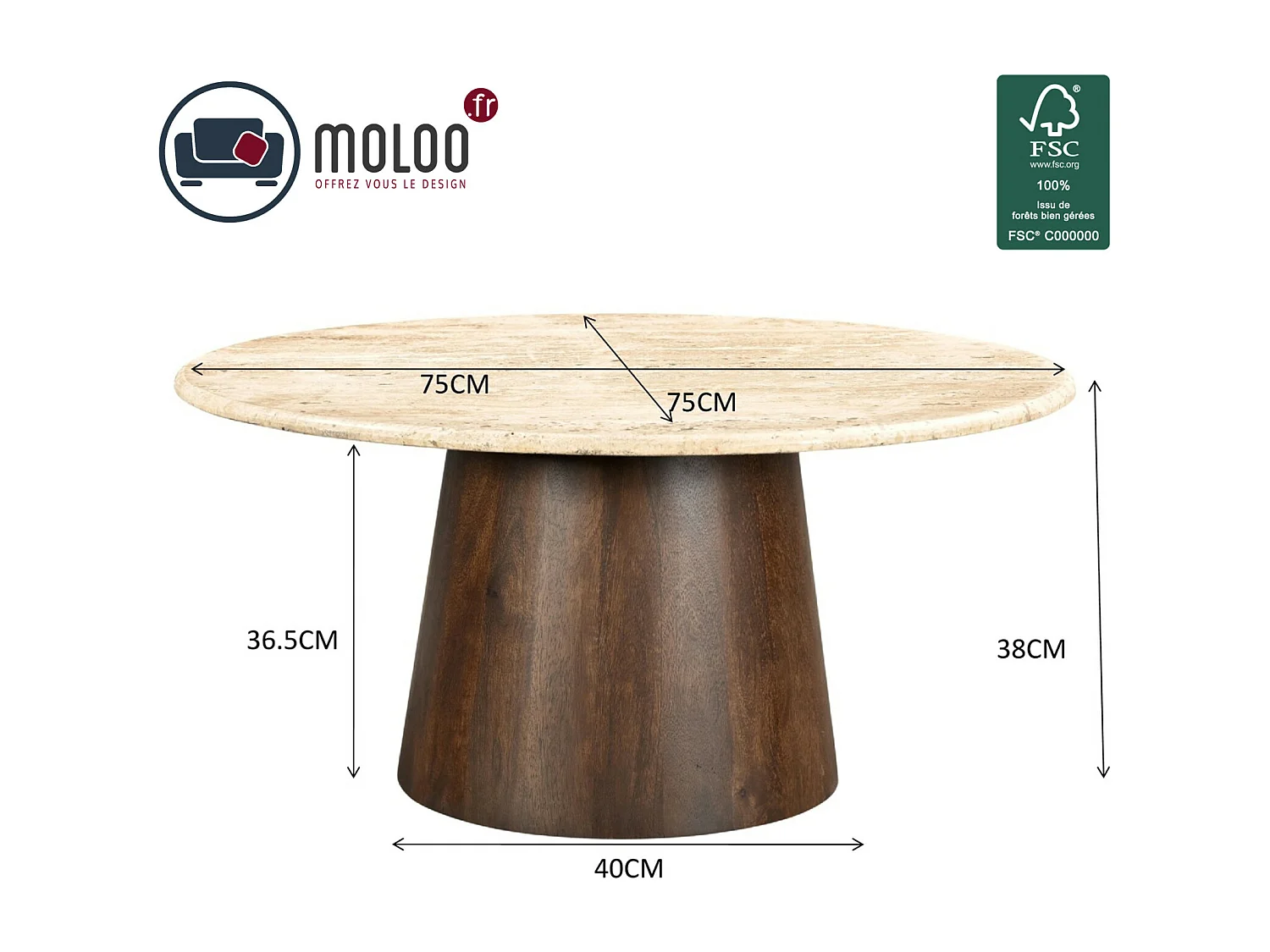 STONE-Mesa de centro redonda D75 cm en travertino y madera