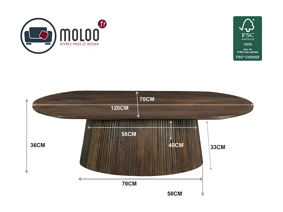 SIENNE-Table basse ovale en bois massif brun