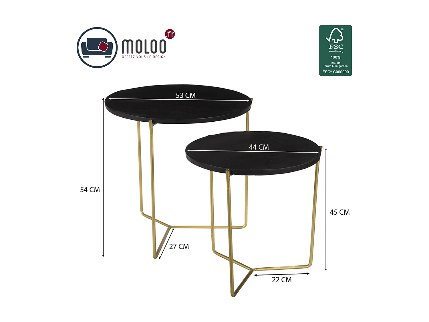 JULIA-Set de 2 Tables basses bois noir et laiton