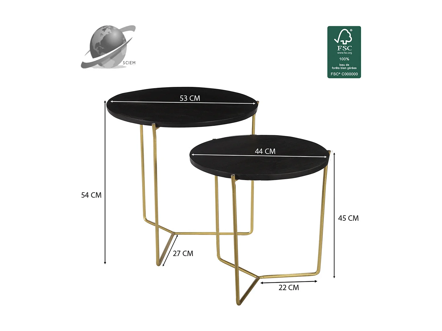 JULIA-Set de 2 Tables basses bois noir et laiton