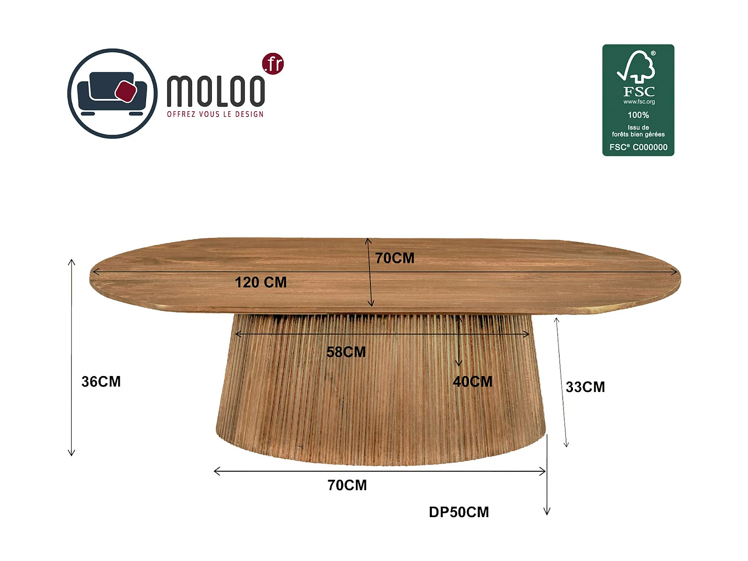 SIENNE-Table basse ovale en bois massif