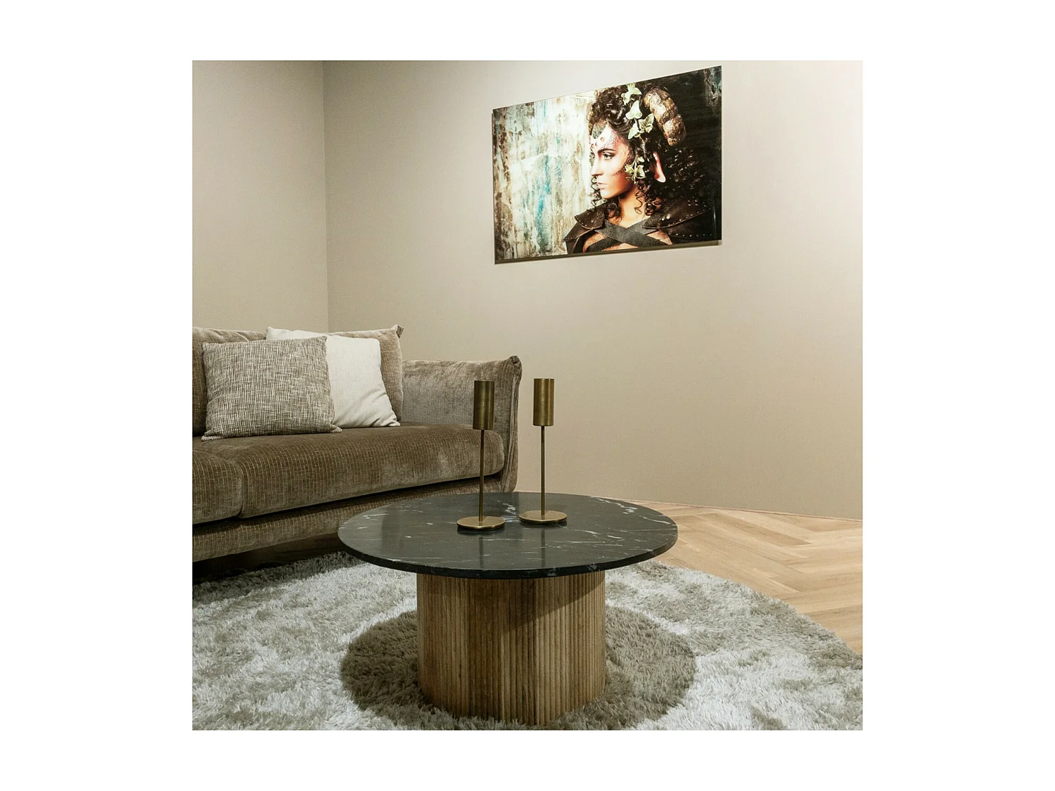 MARBELLA-Mesa de centro redonda 70 cm mármol negro y madera