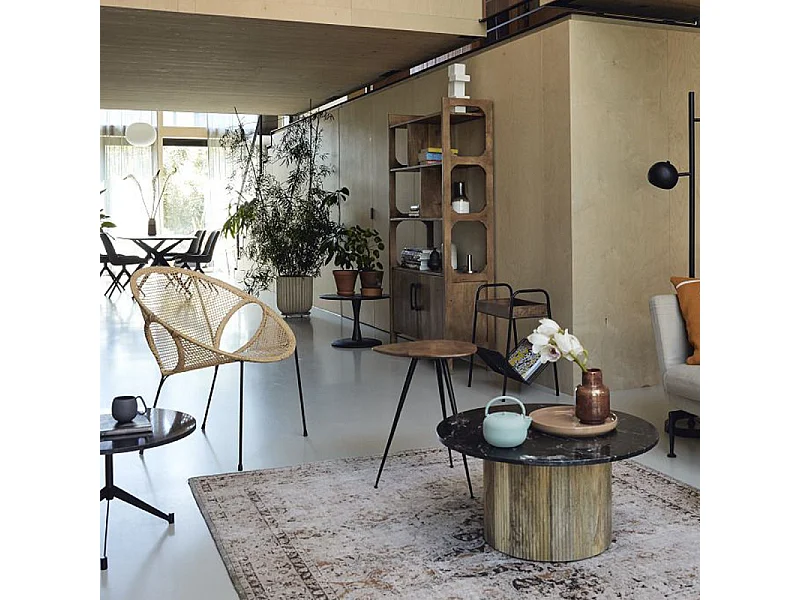 MARBELLA-Table basse ronde 70 cm en marbre noir et bois massif