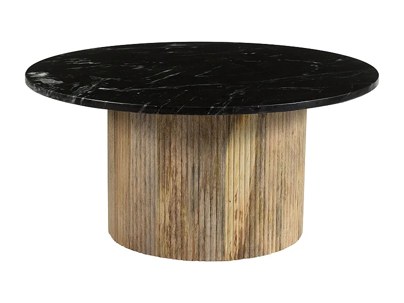 MARBELLA-Table basse ronde 70 cm en marbre noir et bois massif