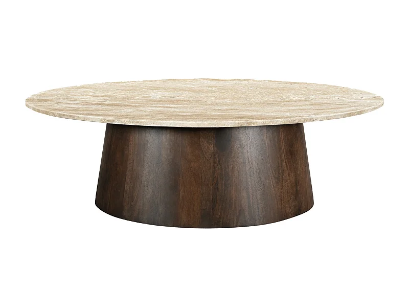 STONE-Table basse ovale en Travertin et bois brun