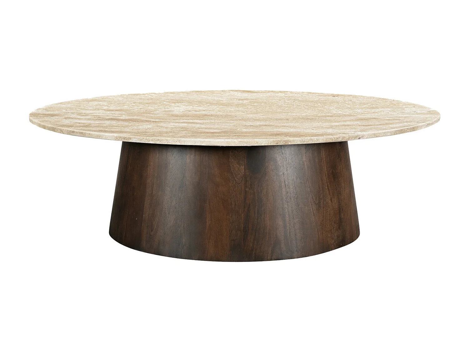 STONE-Mesa de centro ovalada en travertino y madera marrón