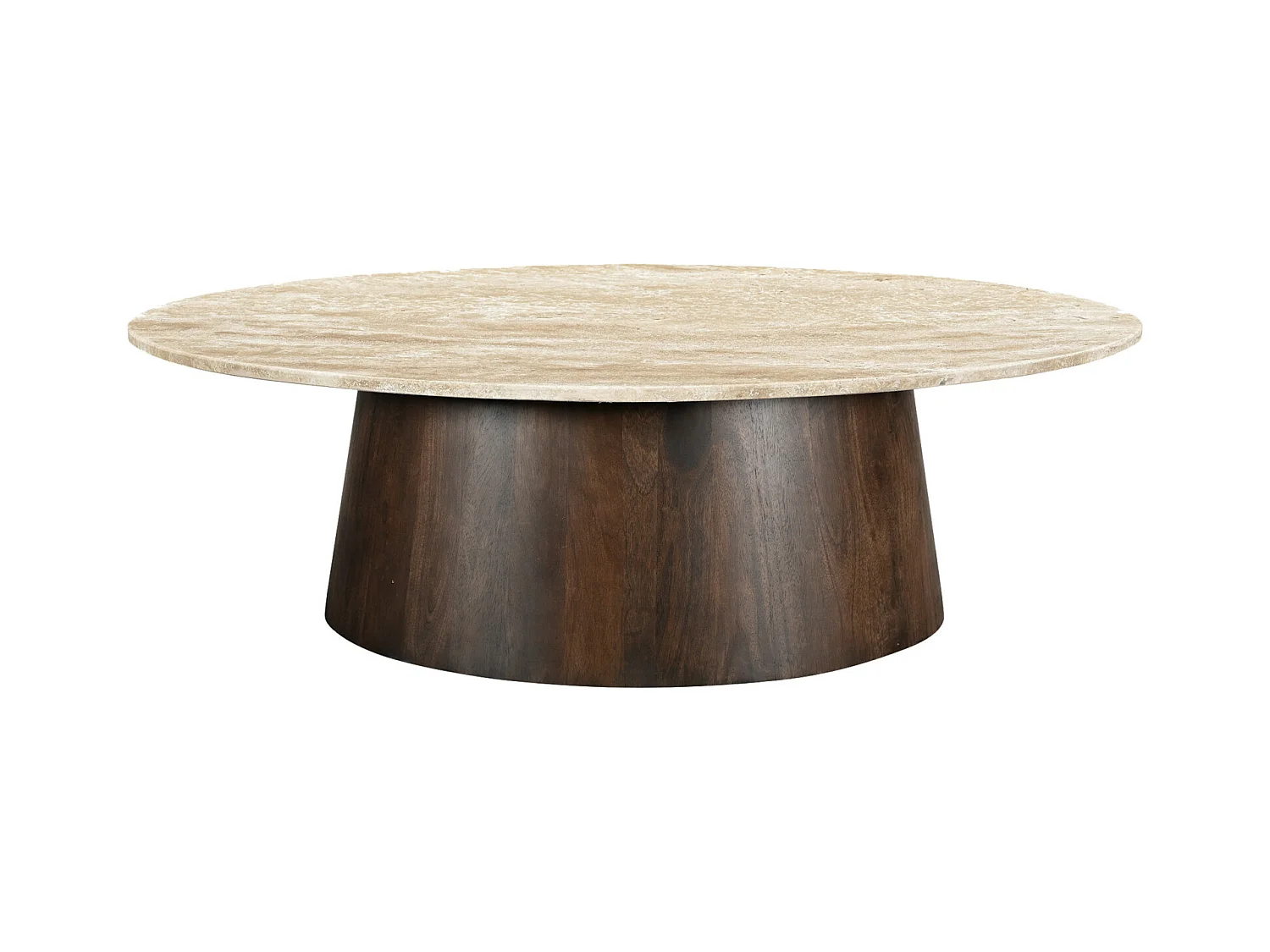 STONE-Mesa de centro ovalada en travertino y madera marrón