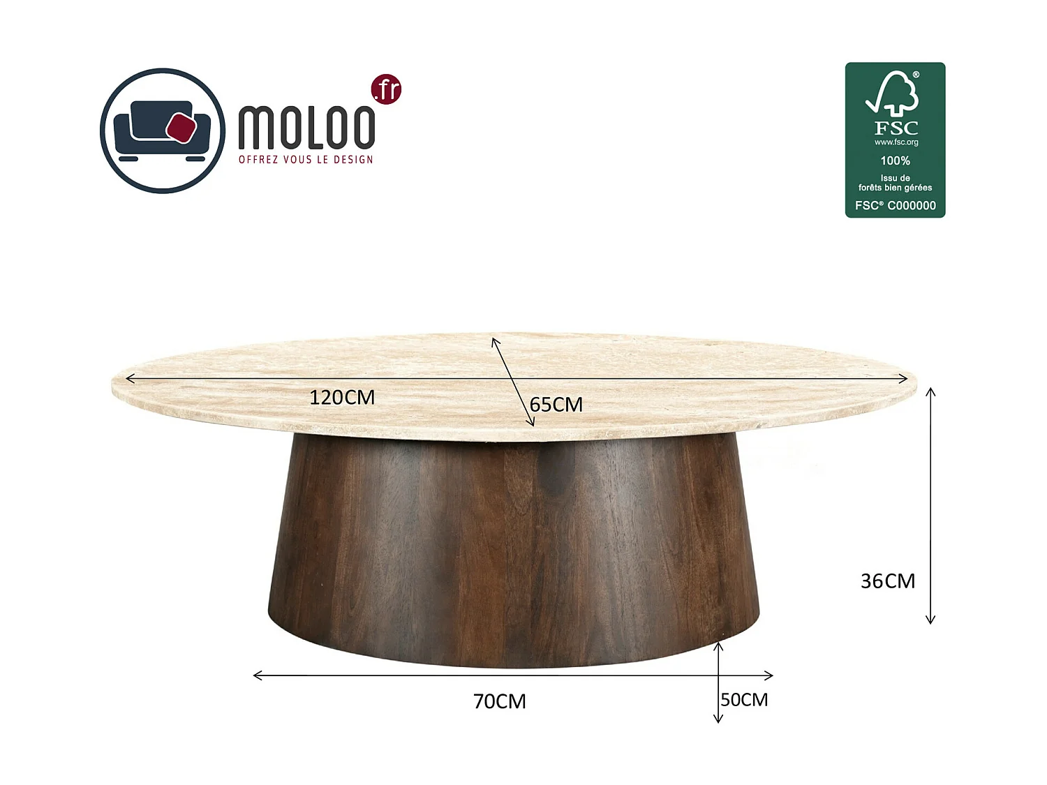 STONE-Mesa de centro ovalada en travertino y madera marrón