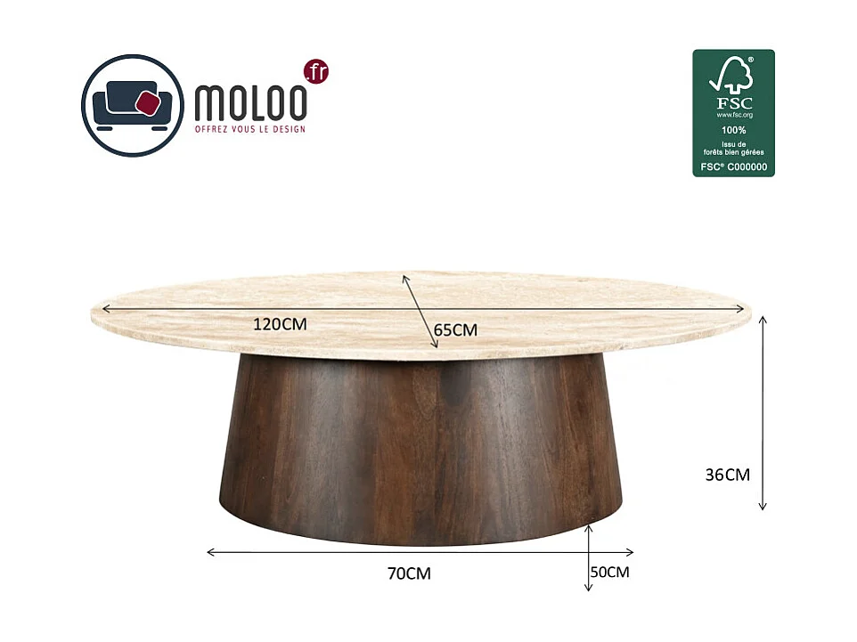 STONE-Table basse ovale en Travertin et bois brun