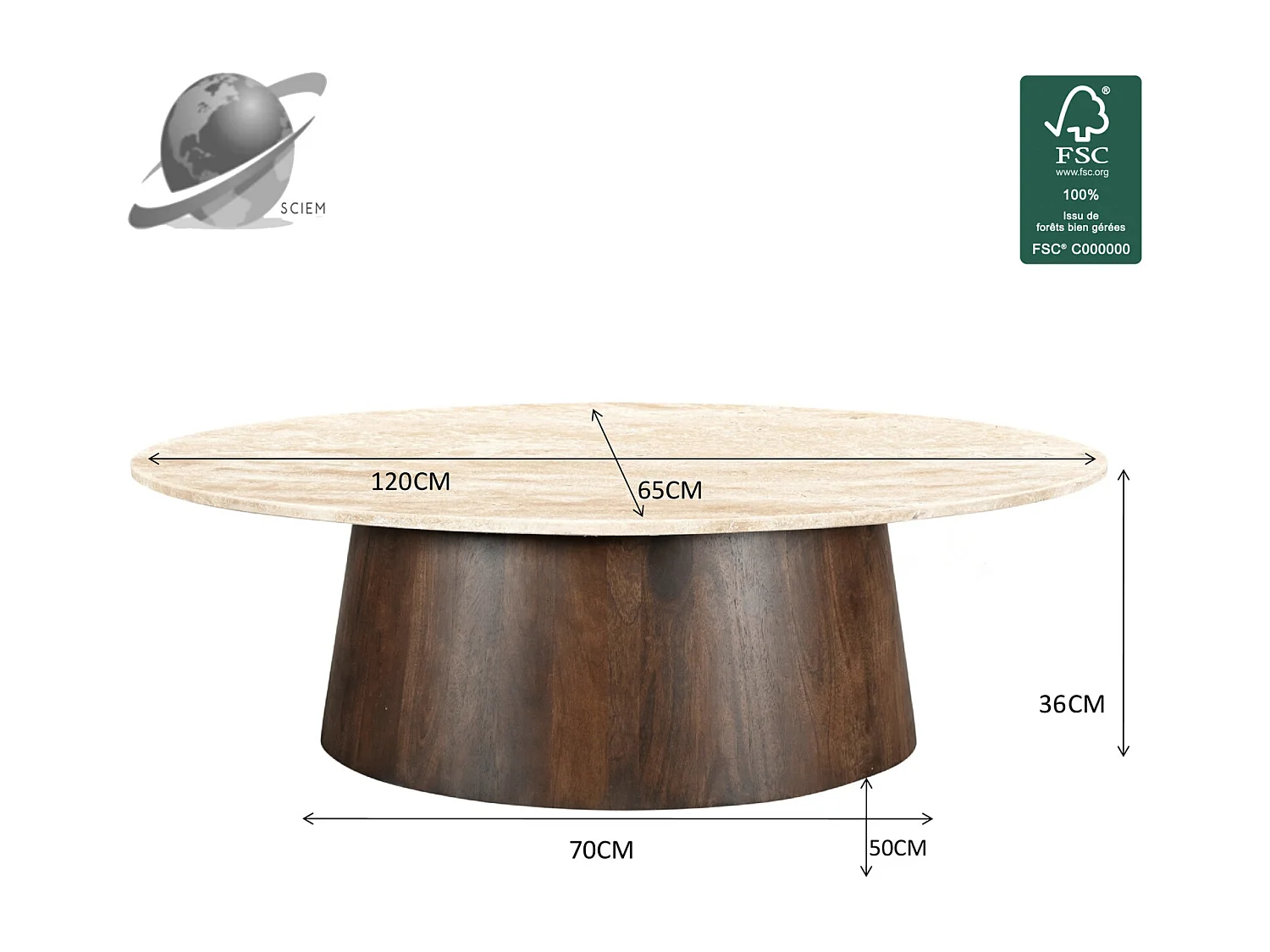 STONE-Table basse ovale en Travertin et bois brun