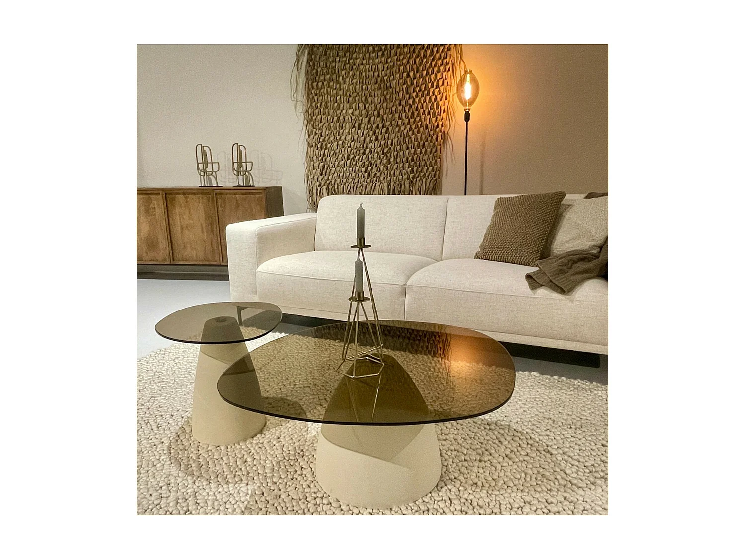 DILLON-Table basse 50 cm en métal ivoire et verre fumé