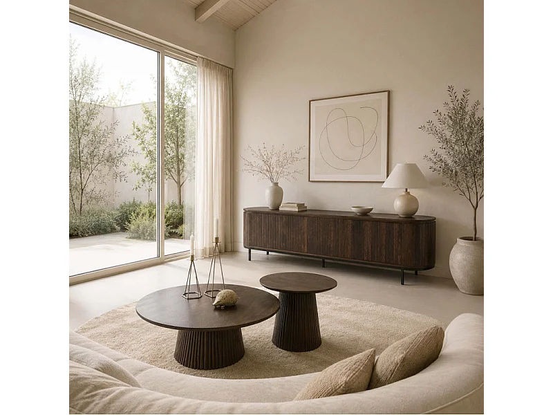 SIENNE-Mesa de centro redonda D80 cm en madera maciza marrón