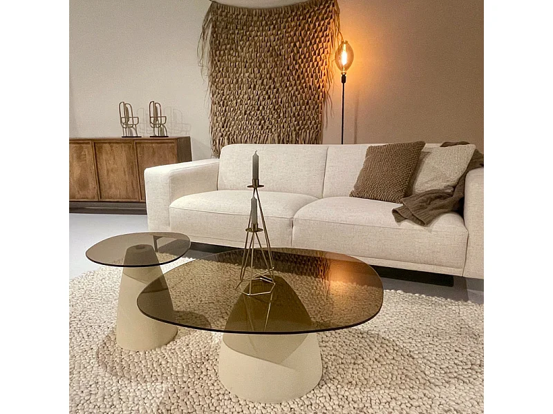 DILLON-Table basse ovale 76 cm en métal ivoire et verre fumé