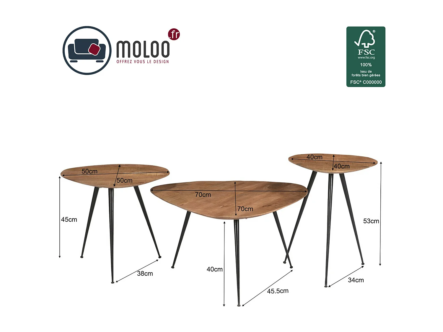 LOUANE-Set de 3 Tables basses en bois massif