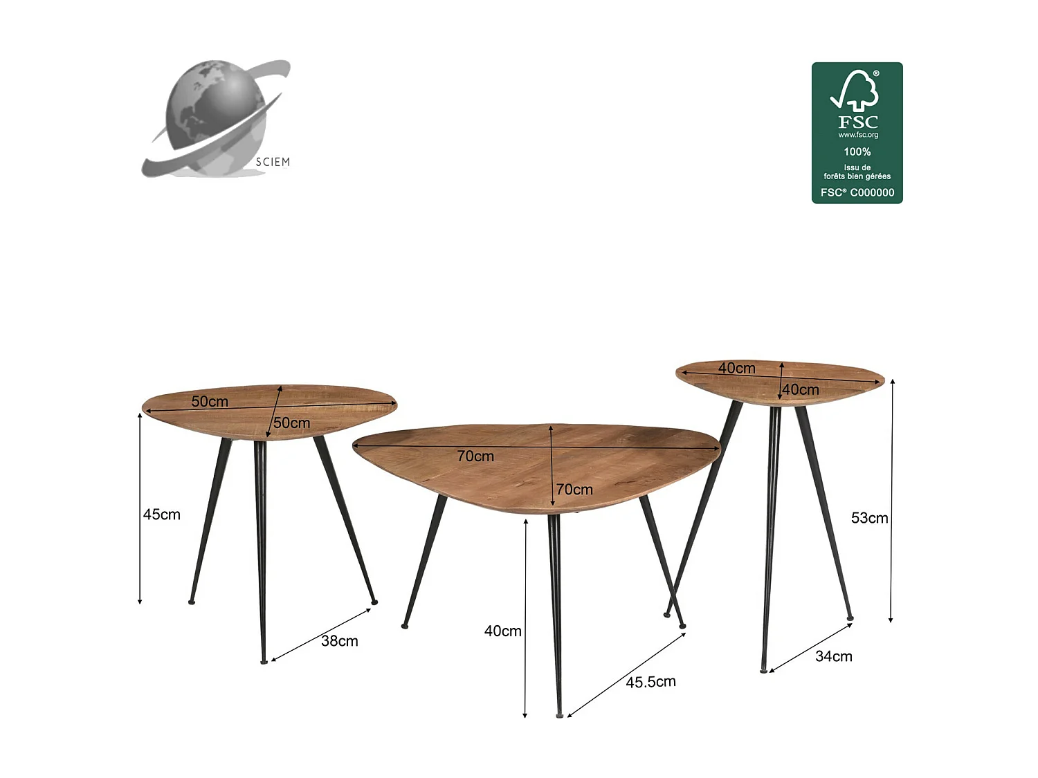 LOUANE-Set de 3 Tables basses en bois massif
