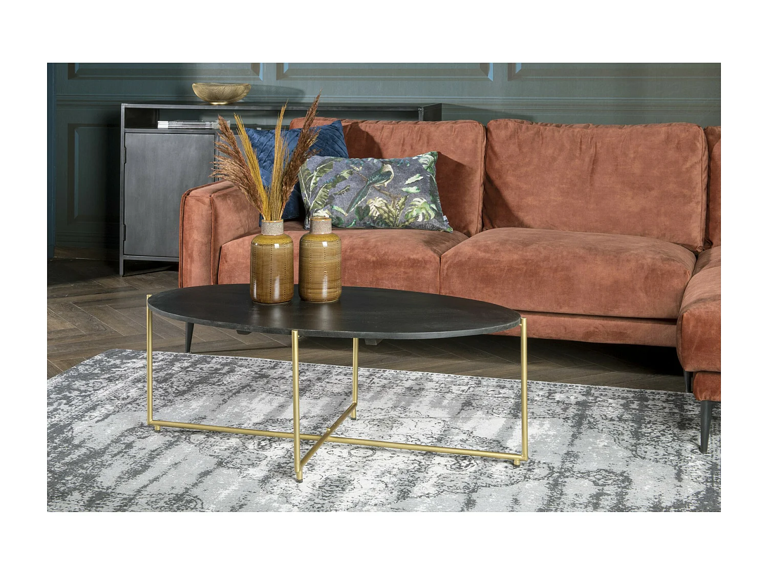 BRASS-Table basse ovale en bois massif noir et laiton