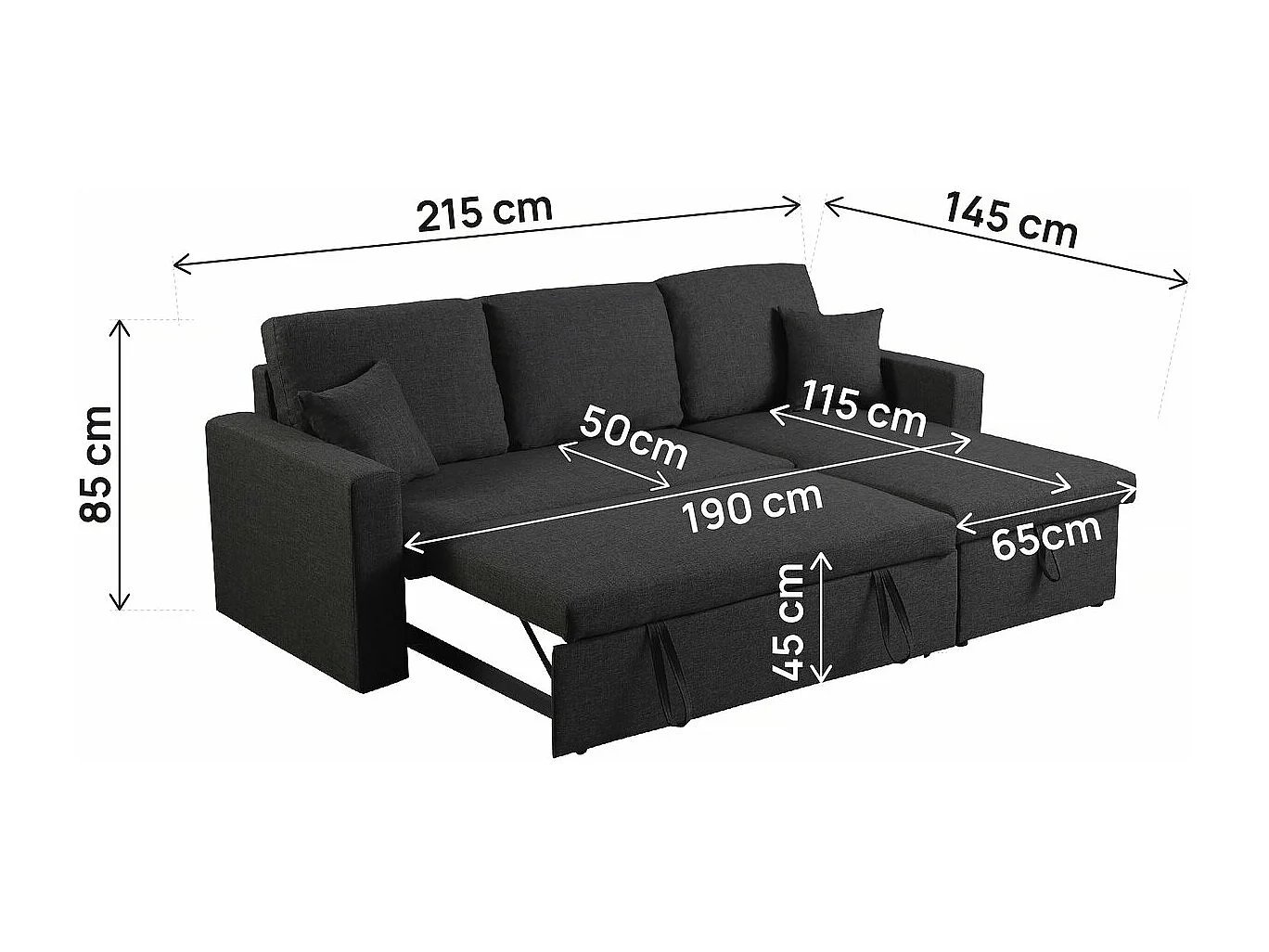 Canapé d'angle convertible/ réversible avec coffre "Alain II" - 3 places - Noir