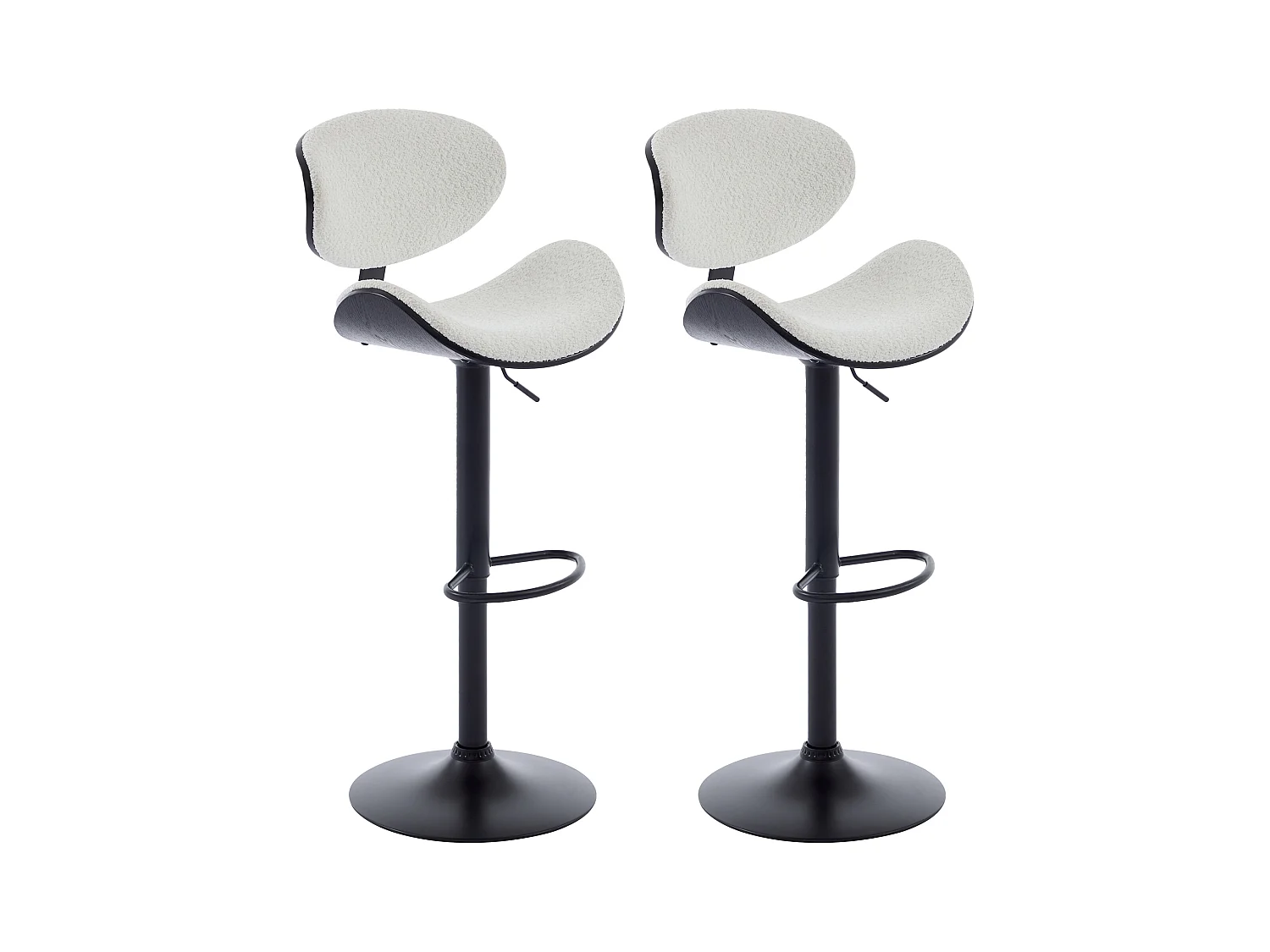 Set de 2 taburetes de bar de tela de rizo de tela, chapado en fresno y metal - Altura ajustable - Blanco y Negro - MONTENEGRO