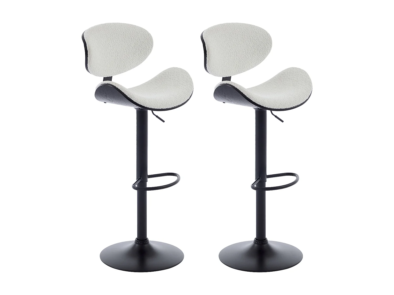 Lot de 2 tabourets de bar en tissu bouclette, placage frêne et métal - Hauteur réglable - Blanc et Noir - MONTENEGRO