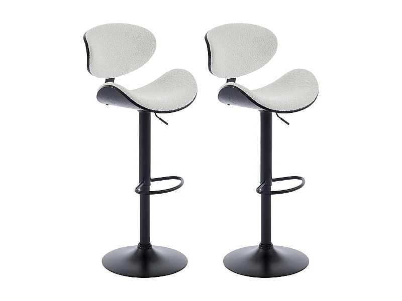 Lot de 2 tabourets de bar en tissu bouclette, placage frêne et métal - Hauteur réglable - Blanc et Noir - MONTENEGRO