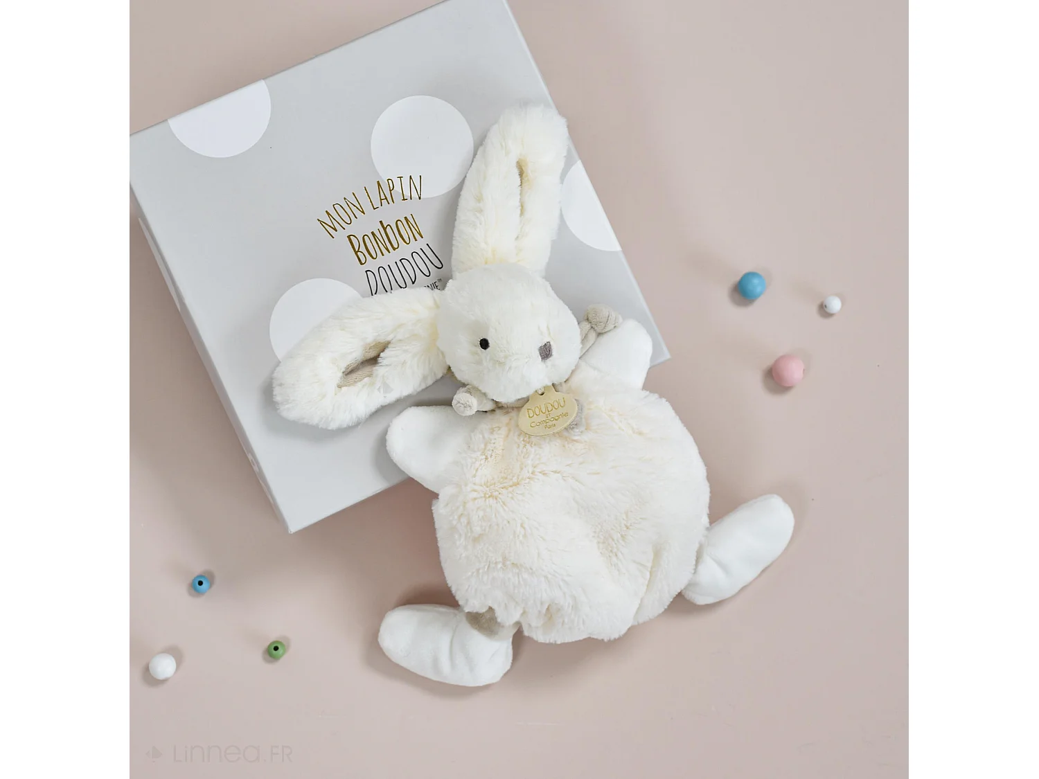 Doudou lapin plat 26 cm polyester collection LAPIN BONBON blanc/beige taupe