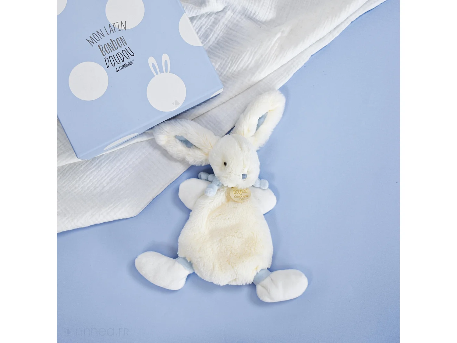Doudou lapin plat 26 cm polyester collection LAPIN BONBON blanc/bleu