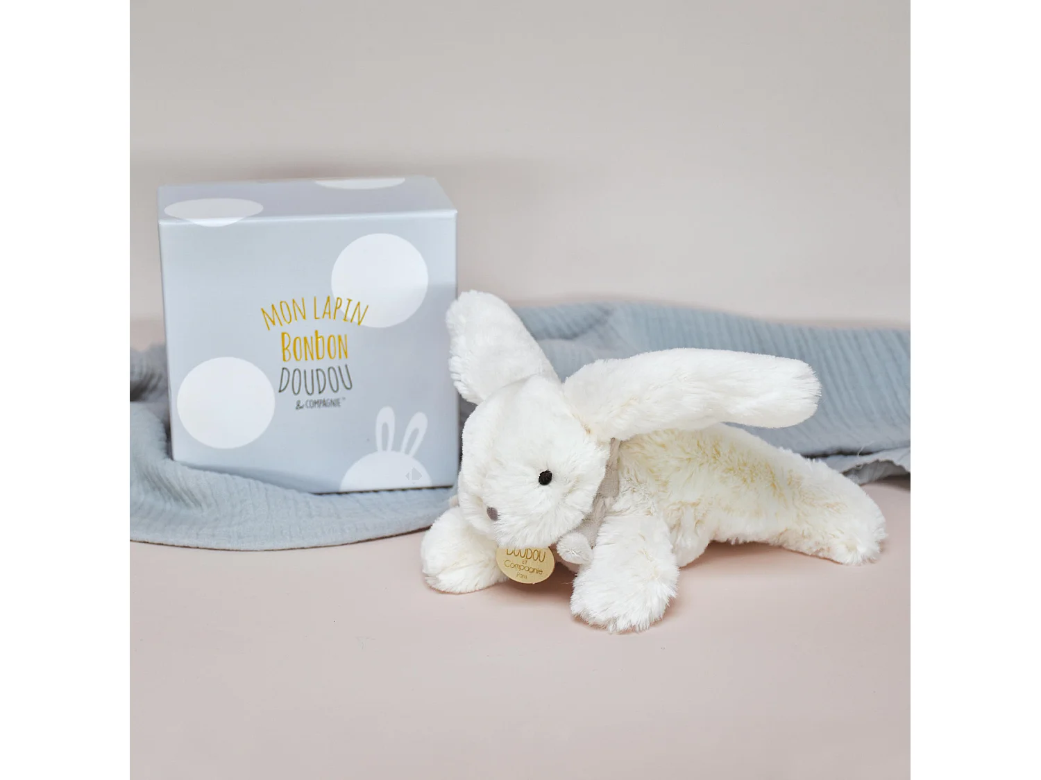 Doudou lapin 20 cm polyester collection LAPIN BONBON blanc/beige taupe