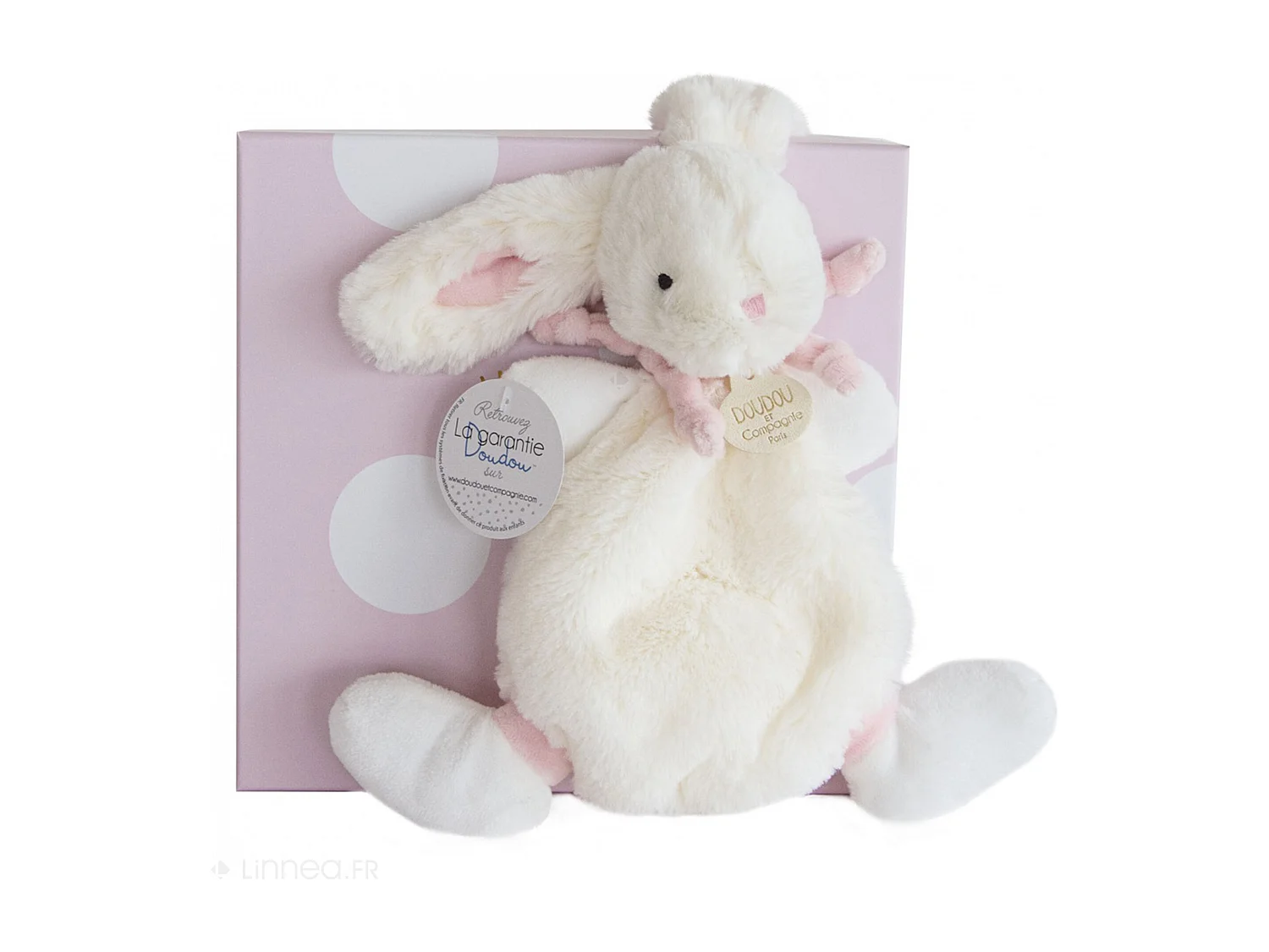 Doudou lapin plat 26 cm polyester collection LAPIN BONBON blanc/rose