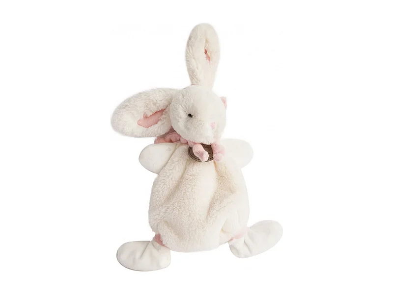 Doudou lapin plat 26 cm polyester collection LAPIN BONBON blanc/rose