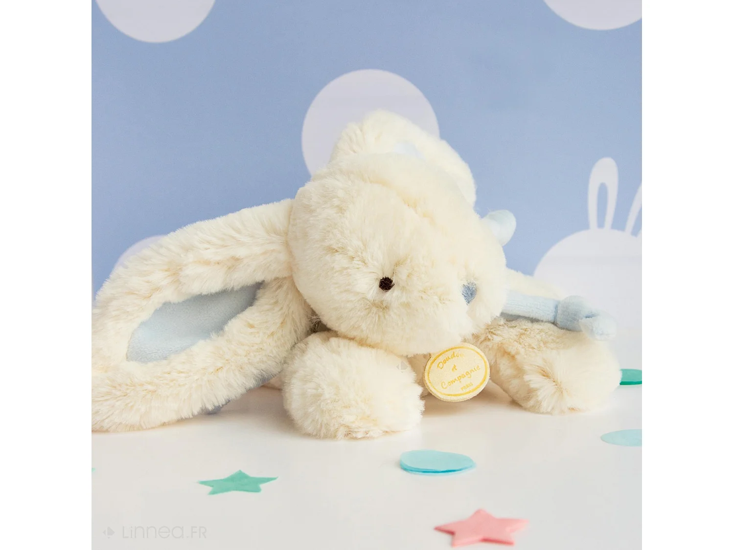 Doudou lapin 20 cm polyester collection LAPIN BONBON blanc/bleu