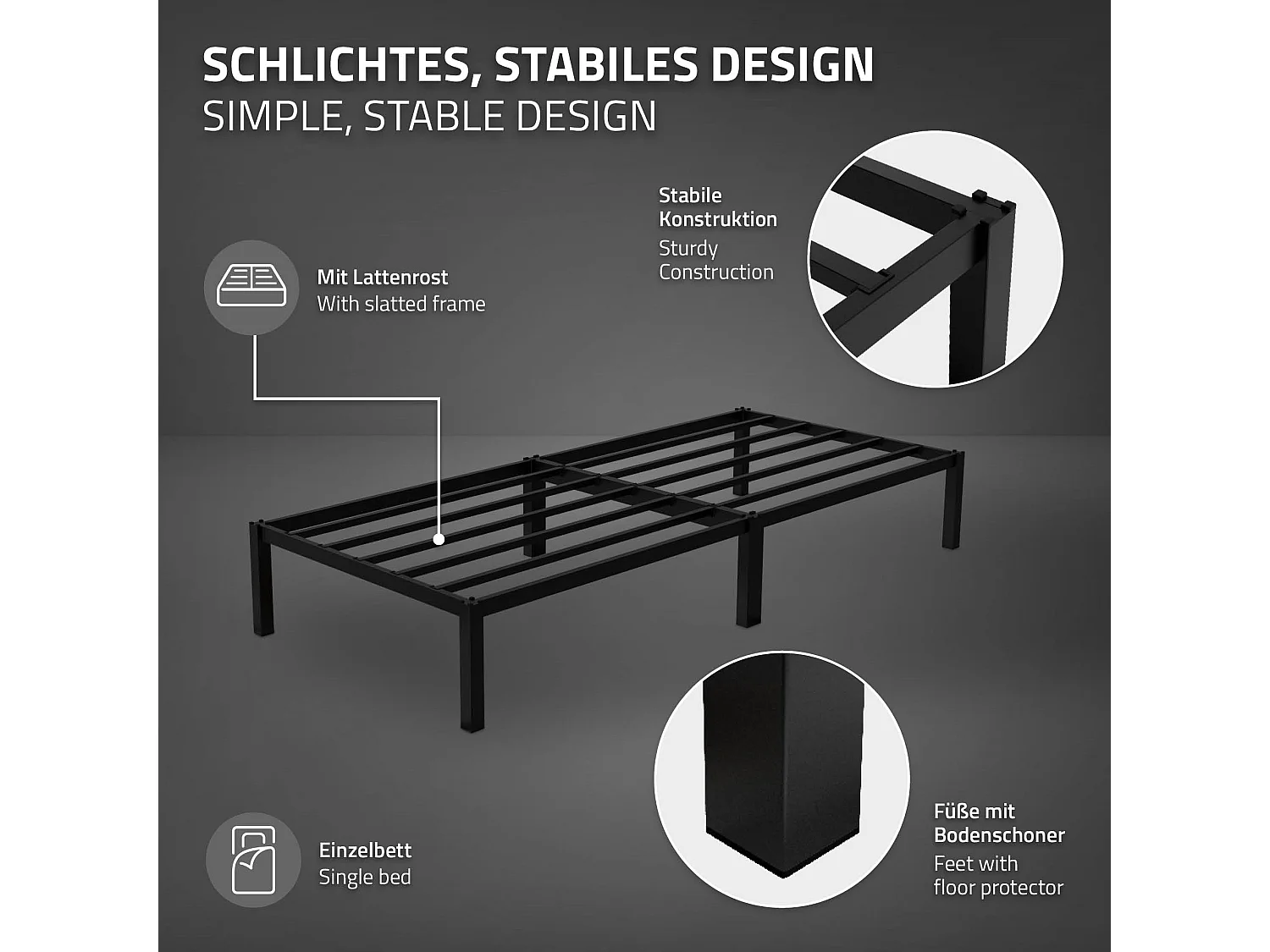 Letto singolo in metallo telaio in acciaio nero con materasso a schiuma 90x200cm