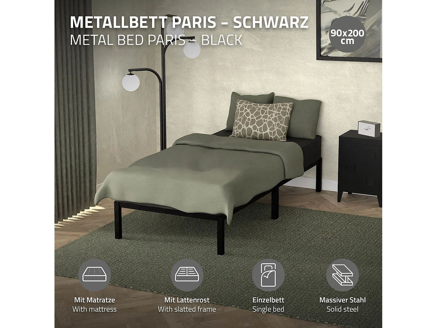 Cadre de lit métal noir avec matelas H:16 cm sommier à lattes intégré 90x200 cm