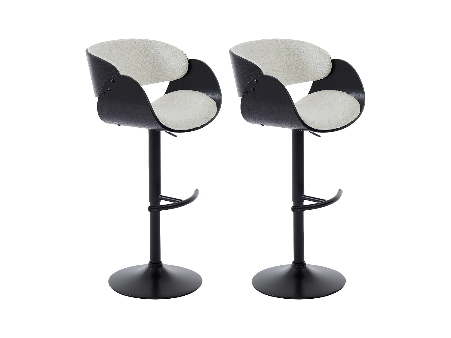 Set de 2 taburetes de bar de tela rizada, chapado de fresno y metal - Altura Ajustable - Blanco y Negro - JELSA