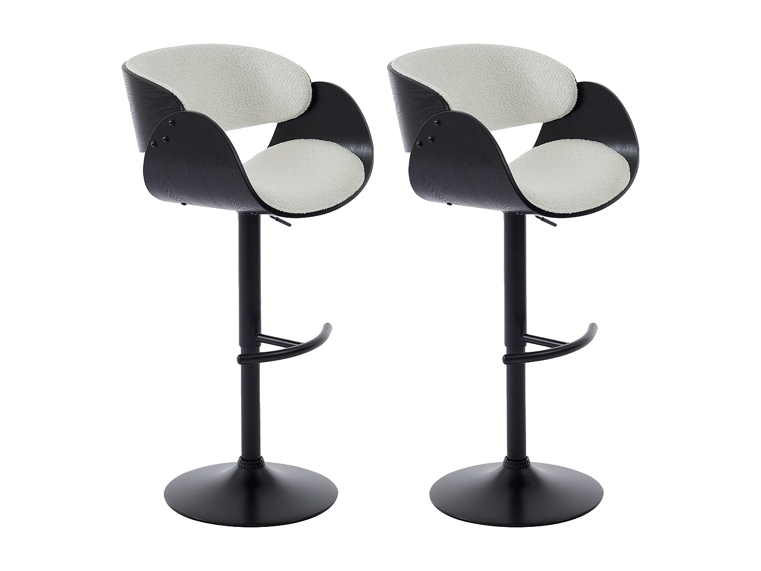 Lot de 2 tabourets de bar en tissu bouclette, placage frêne et métal - Hauteur Réglable - Blanc et Noir - JELSA