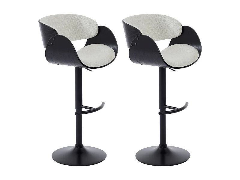 Lot de 2 tabourets de bar en tissu bouclette, placage frêne et métal - Hauteur Réglable - Blanc et Noir - JELSA
